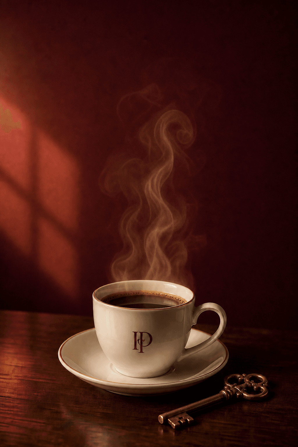 Xícara de café quente com vapor, monograma IP e chave dourada